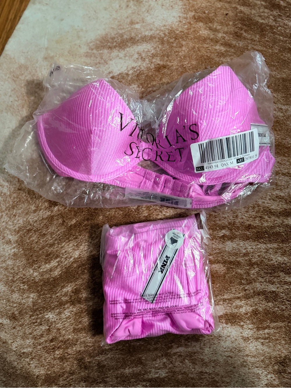 PINK Victoria's Secret Hot Pink Ribbed Push-Up Bikini Top & Bottom